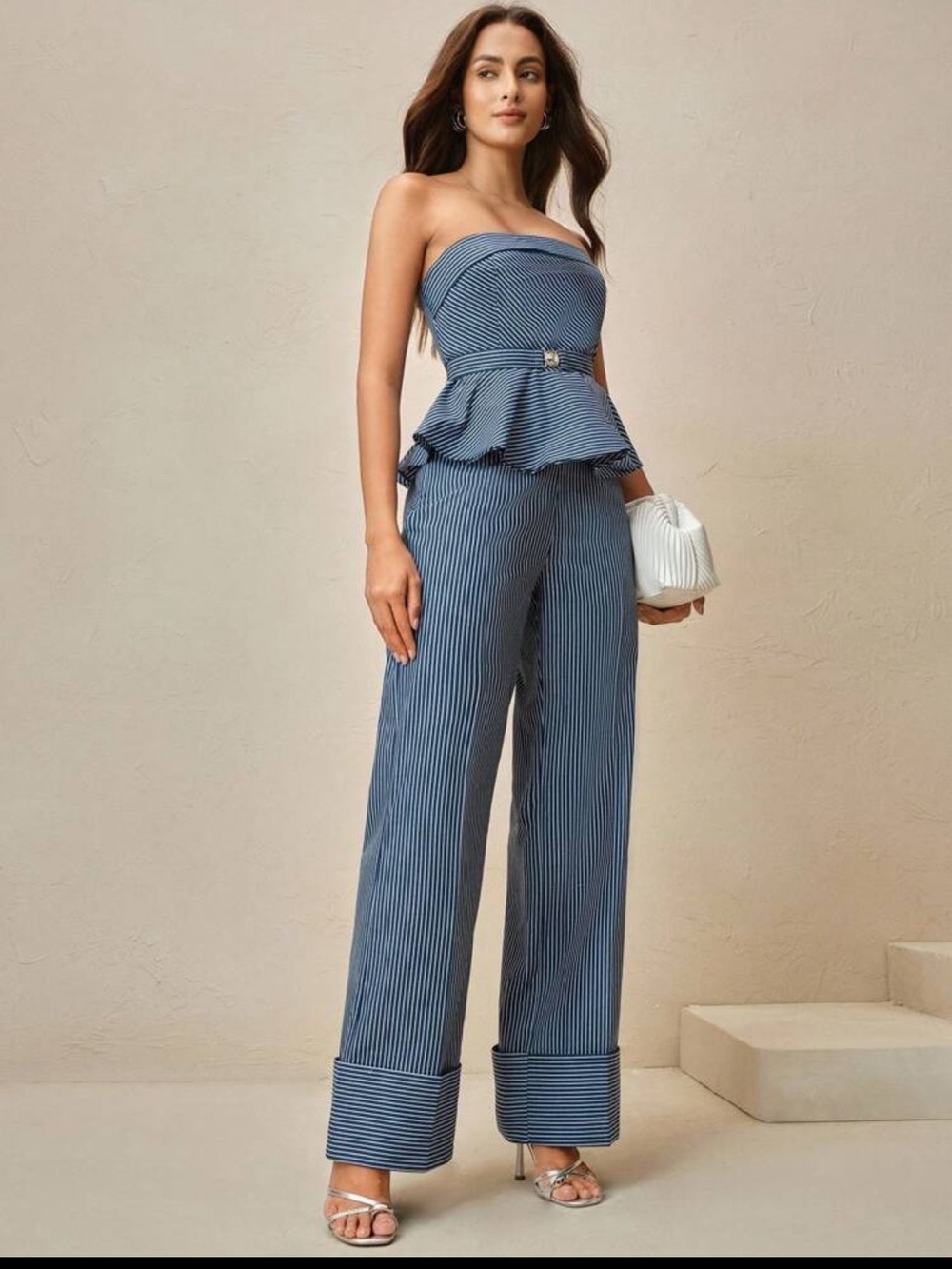 Strapless Pinstripe Peplum Set  in Blue